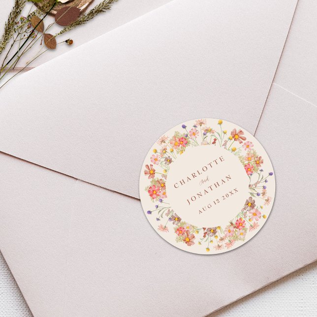 Boho Fall WildblomPersonlig Bröllop Runt Klistermärke (Boho fall wildflower rustic floral beige burnt orange terracotta personalized wedding stickers)
