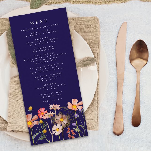 Boho Fall Wildbloms Meadow Navy Blue Bröllop Meny (Boho fall wildflower meadow elegant navy blue wedding menu card autumn Watercolor flowers )