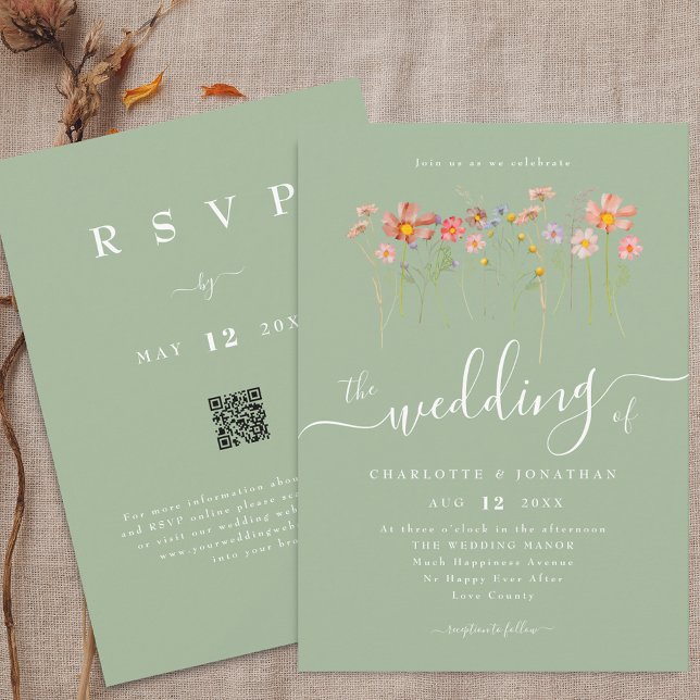 Boho Fall Wildbloms Sage Grönt QR kod Bröllop Inbjudningar (Boho fall Wildflower floral sage green Wedding qr code invitation Elegant modern script watercolor)