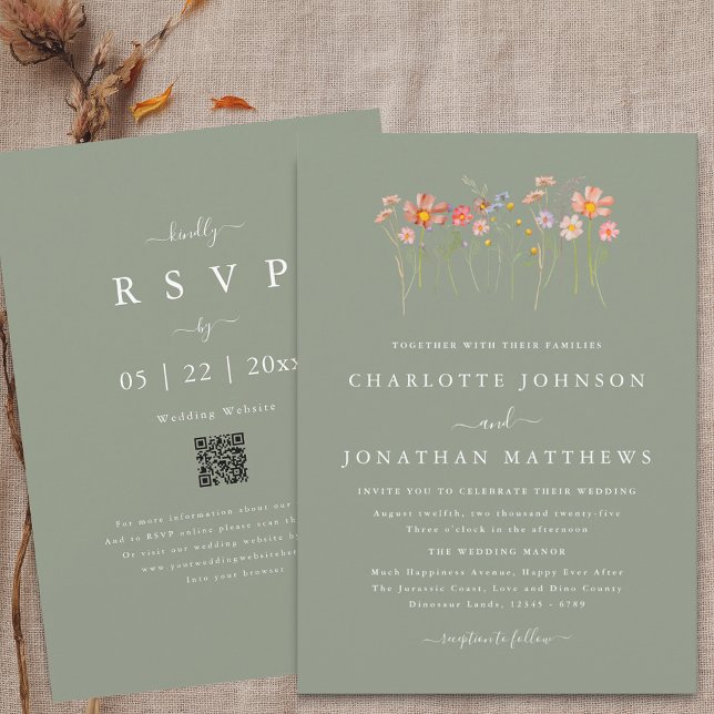 Boho Fall Wildblomsage Sage Grönt Bröllop QR-kod Inbjudningar (Wildflower boho fall floral sage green Wedding qr code invitation watercolor meadow flowers elegant )