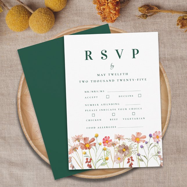 Boho Fall Wildblomsalternativ Bröllop OSA Kort (Boho wildflower floral green wedding rsvp card watercolor flowers meal choices food allergies )