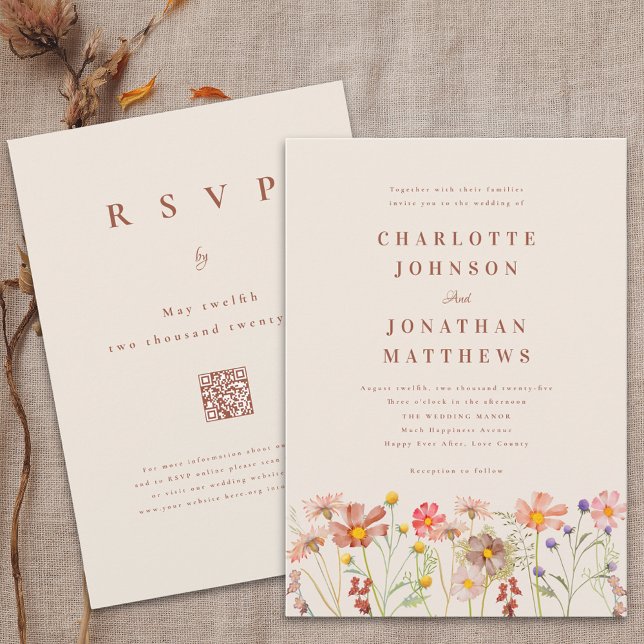 Boho Fall WildblomTerracotta Beige Bröllop Inbjudningar (Wildflower floral terracotta beige boho fall Wedding qr code invitation Watercolor meadow flowers)