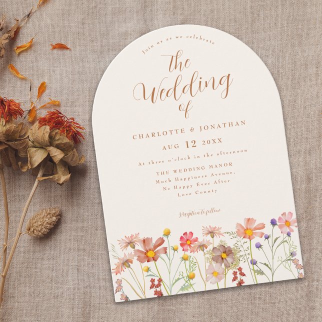 Boho Fall WildblomTerracotta Bröllop Inbjudningar (Boho fall wildflower country meadow wedding invitation with elegant script watercolor florals )
