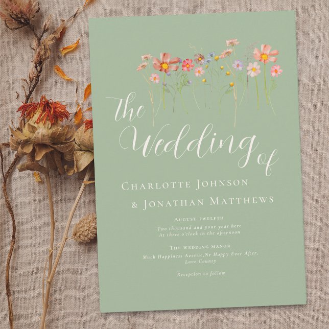 Boho Fall WildblomTerracotta Sage Grönt Bröllop Inbjudningar (Boho fall Wildflower rustic floral sage green Wedding invitation Elegant modern script watercolor)