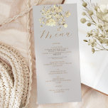 Boho Fall Wildblomu Bröllop Menu Meny<br><div class="desc">Lägg till lite rustik elegans till din mottagning med det här boho faller-menykortet. Fintliga guldblommor blommar över en mjuk bakgrund av neutralten och skapar en varm, romantisk vibe som kompletterar alla höstförhållanden i bord. Visning din meny med stil utan tidslinje och ett tips på vintage. Behöver du redigera eller en...</div>