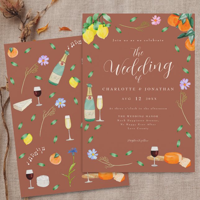 Boho Fall Wildflower Citrus Terracotta Wedding Inbjudningar (Boho fall floral citrus terracotta wedding invitation Lemons oranges citrus fruits wine & cheese)