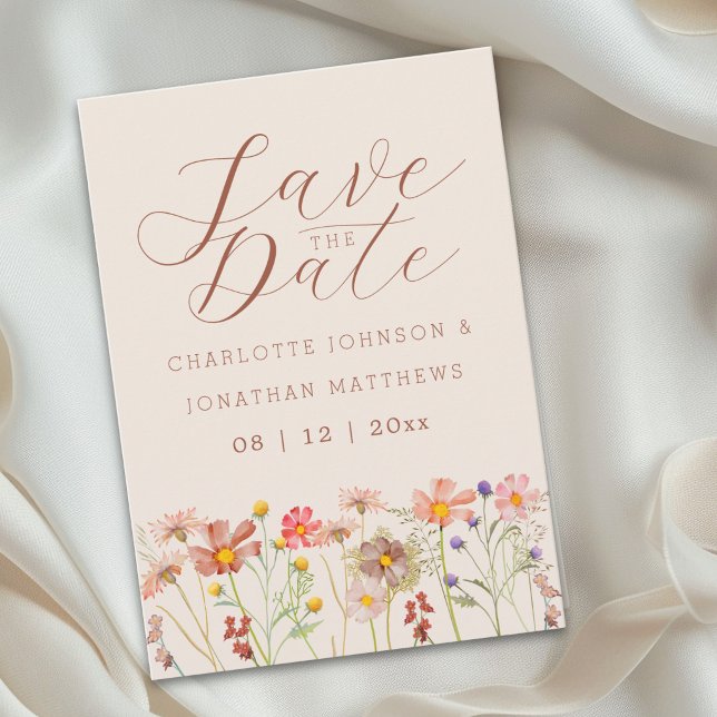 Boho Fall Wildflower Meadow Wedding Spara Datumet (Elegant boho watercolor wildflower meadow beige brown orange wedding save the date invitation)