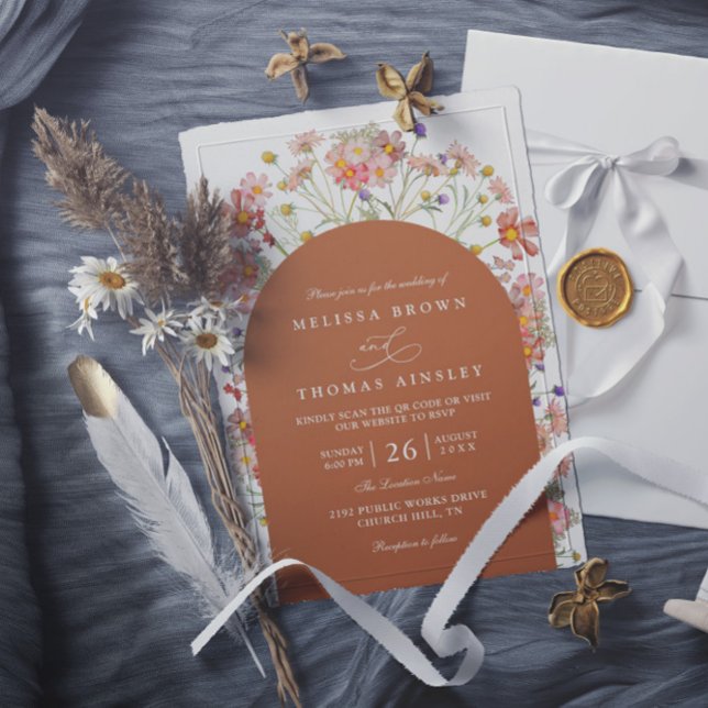 Boho Fall Wildflower Terracotta QR Code Wedding Inbjudningar (Skapare uppladdad)