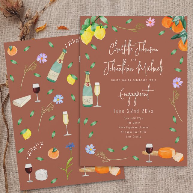 Boho Fall Wine and Cheese Engagement Party Inbjudningar (Boho chic fall wine and cheese wedding engagement party terracotta invitation Oranges lemons floral )
