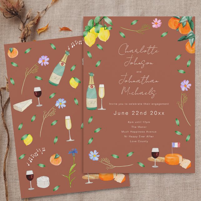 Boho Fall Wine & Cheese Engagement Party Inbjudningar (Boho chic fall wine and cheese wedding engagement party terracotta invitation Autumn colors oranges)