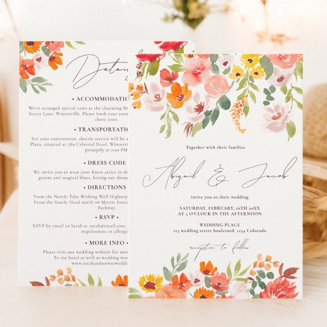 Boho faller rustik blommigt i hela bröllop inbjudningar (Boho fall rustic floral all in one wedding invitation)