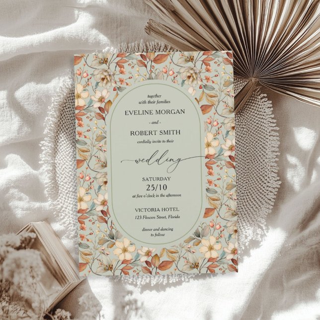Boho faller vattenfärgen terracotta sage vild blom inbjudningar (Boho fall watercolor terracotta sage wild flowers invitation)