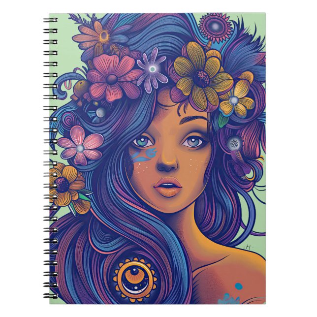 Boho Fantasy Woman med Blommigt Hair Anteckningsbok (Framsidan)