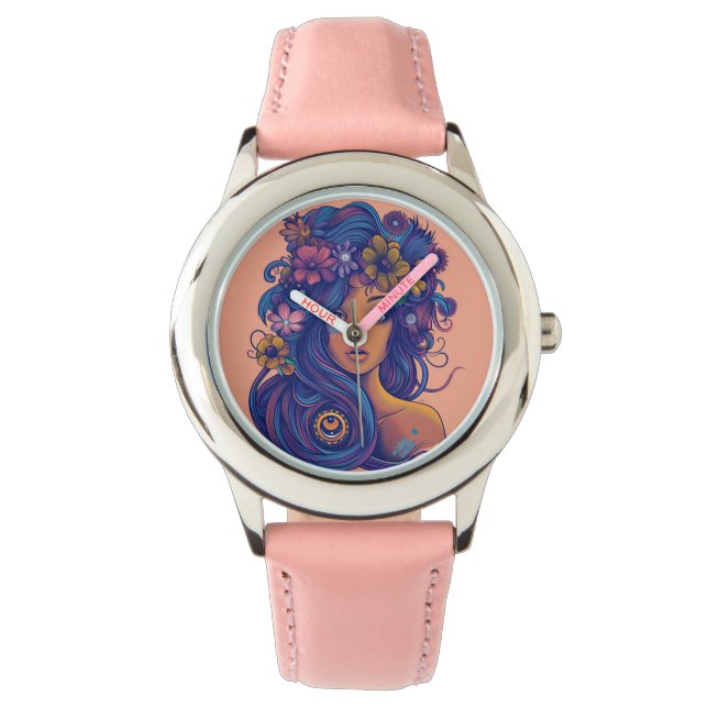 Boho Fantasy Woman med Blommigt Hair Armbandsur (Framsida)