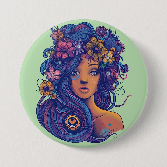 Boho Fantasy Woman med Blommigt Hair Knapp (Framsida)