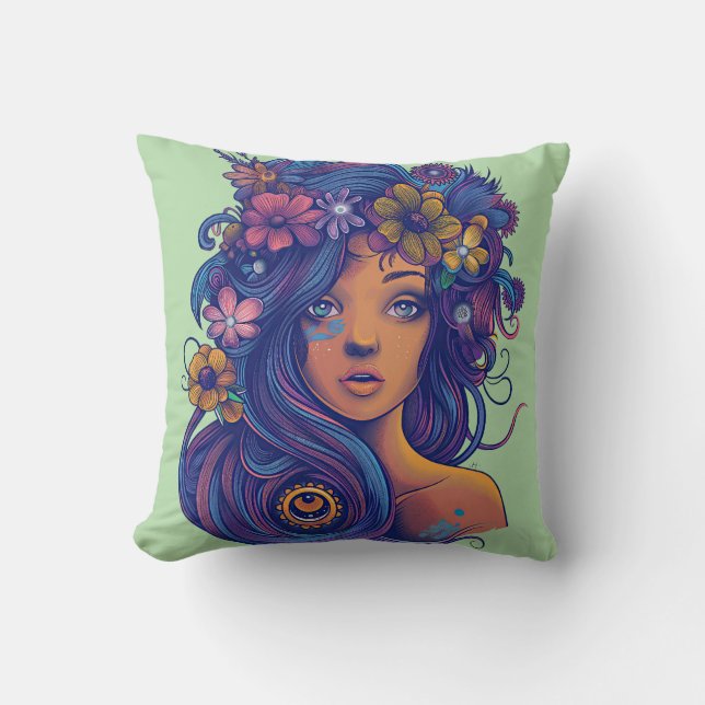 Boho Fantasy Woman med Blommigt Hair Kudde (Framsida)