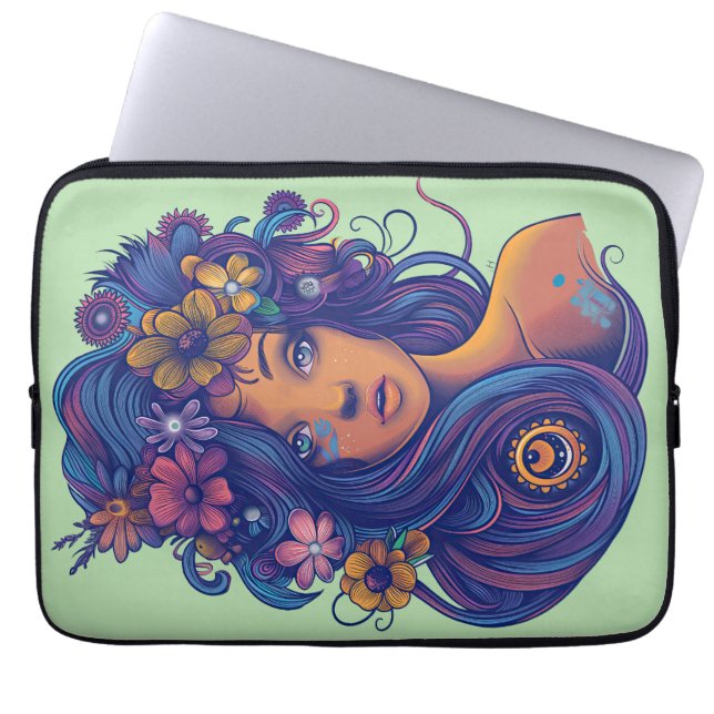 Boho Fantasy Woman med Blommigt Hair Laptop Fodral (Framsidan)