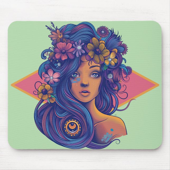 Boho Fantasy Woman med Blommigt Hair Musmatta (Framsidan)