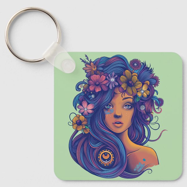 Boho Fantasy Woman med Blommigt Hair Nyckelring (Framsida)