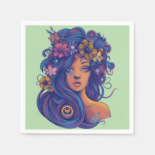Boho Fantasy Woman med Blommigt Hair Pappersservett (Framsidan)
