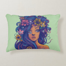 Boho Fantasy Woman med Blommigt Hair Prydnadskudde