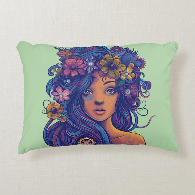 Boho Fantasy Woman med Blommigt Hair Prydnadskudde (Framsidan)
