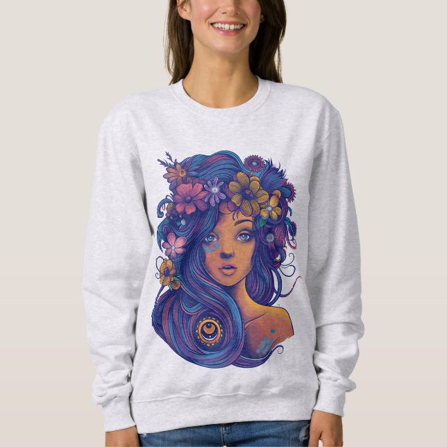 Boho Fantasy Woman med Blommigt Hair T Shirt (Framsida)