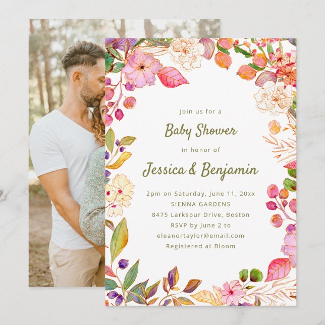 Boho Färgglad Akvarell Blommig Bebis Bebis Shower  Inbjudningar (Fram/baksida)