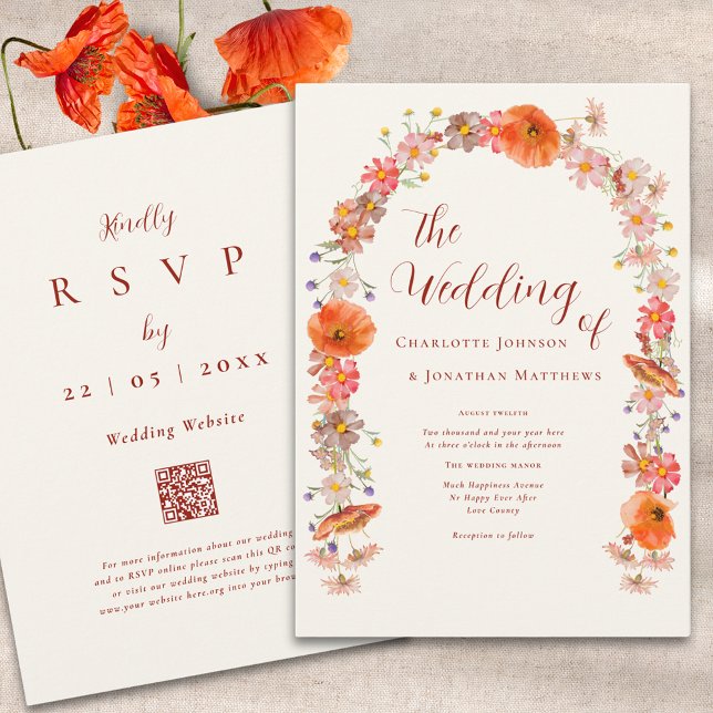 Boho Färgglada Vildblomma Bröllop QR-kod Inbjudningar (Boho wildflower fall wedding qr code invitation )
