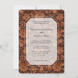 Boho Faux Brown Leather Blommigt Bröllop Inbjudningar