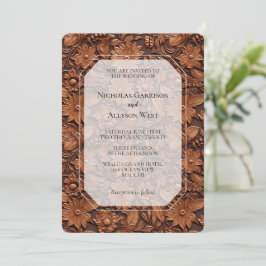 Boho Faux Brown Leather Blommigt Bröllop Inbjudningar