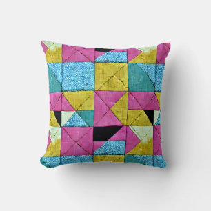 Boho Faux Patchwork Quilt Rosa Gult Blue Kudde