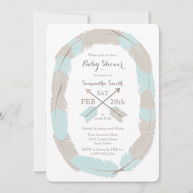 Boho Feather and Arrow Blue Baby Shower-inbjudan Inbjudningar (Framsida)