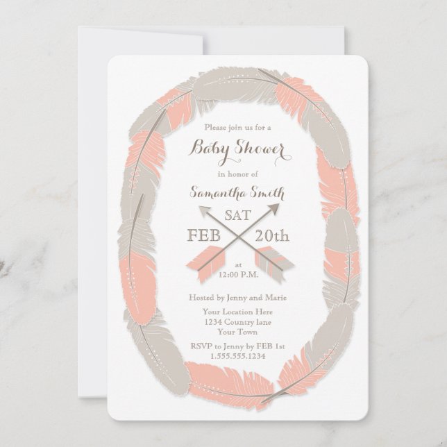 Boho Feather and Arrow Girl Baby Shower-inbjudan Inbjudningar (Framsida)