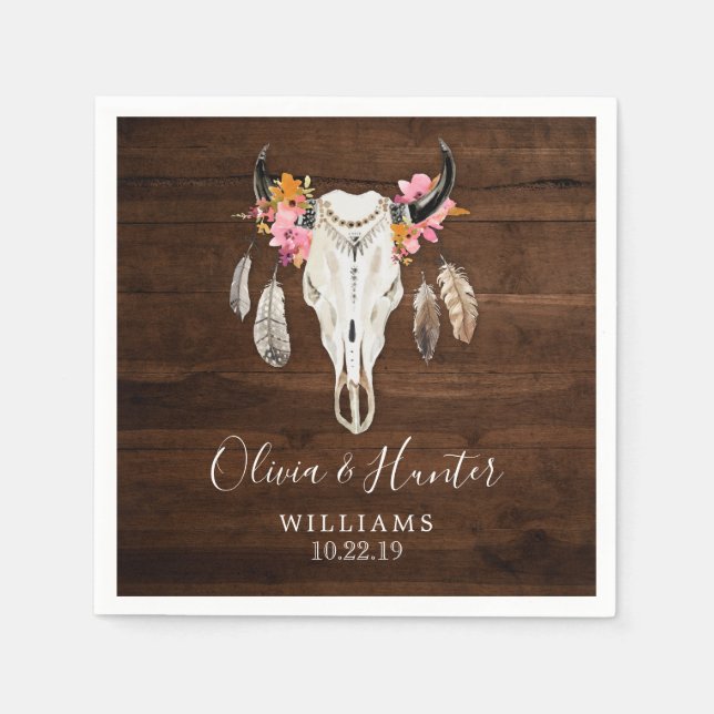Boho Feather Antler Skull Mörk Wood Bröllop Pappersservett (Framsidan)