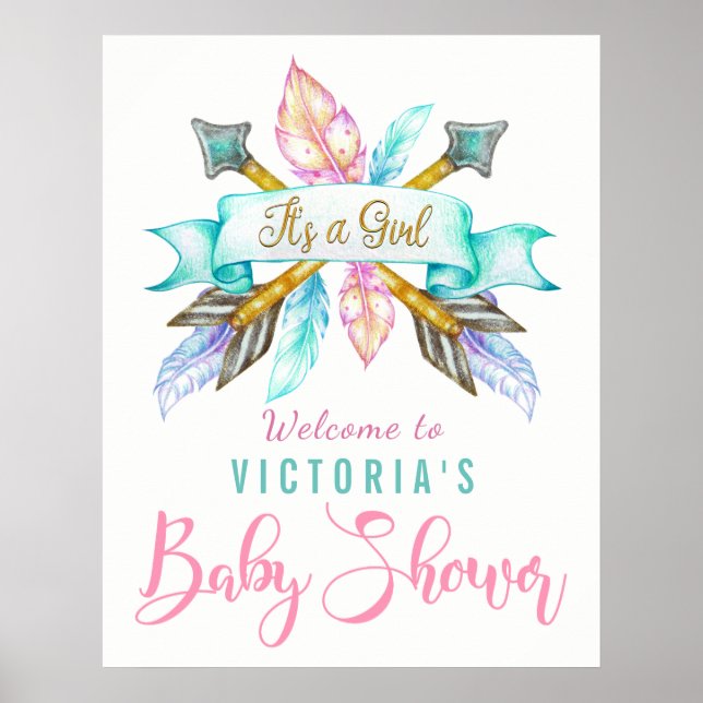 Boho Feather Arrow Baby Shower-skylt Poster (Framsidan)