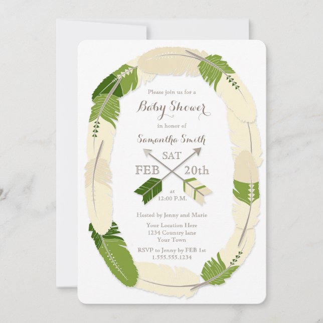 Boho Feather & Arrow Grönt Baby Shower-inbjudan Inbjudningar (Framsida)