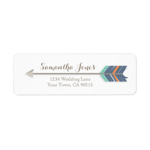 Boho Feather Arrow Navy Orange Teal Address Label Returadress Etikett