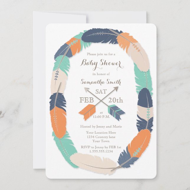 Boho Feather & Arrow Navy Orange Teal Baby Shower Inbjudningar (Framsida)
