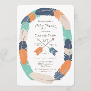 Boho Feather & Arrow Navy Orange Teal Baby Shower Inbjudningar