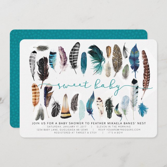 Boho Feather Baby Shower-inbjudan Inbjudningar (Fram/baksida)