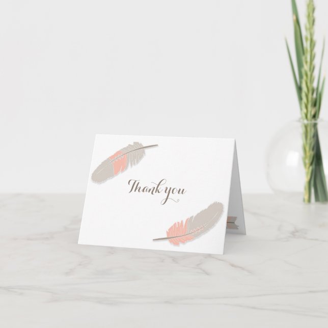 Boho Feather Baby Shower Rosa & Grått Tack Kort (Framsida)