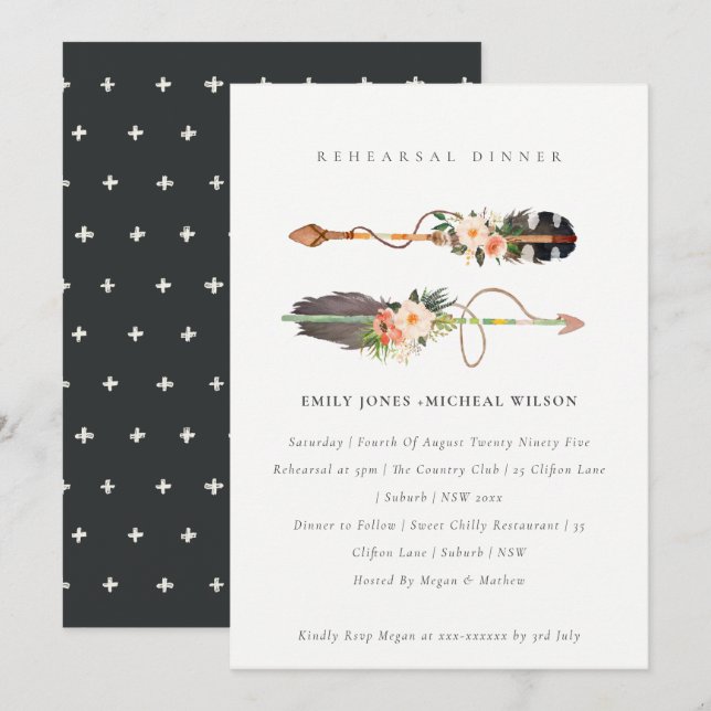 Boho Feather Blommigt Arrow Rehearsal Dinner Inbju Tack Kort (Fram/baksida)