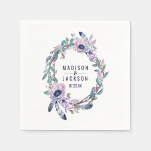 Boho Feather & Blommigt Wandeand Bröllop Monogram Pappersservett