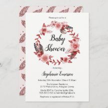 Boho Feather Burgundy Baby Shower-inbjudan
