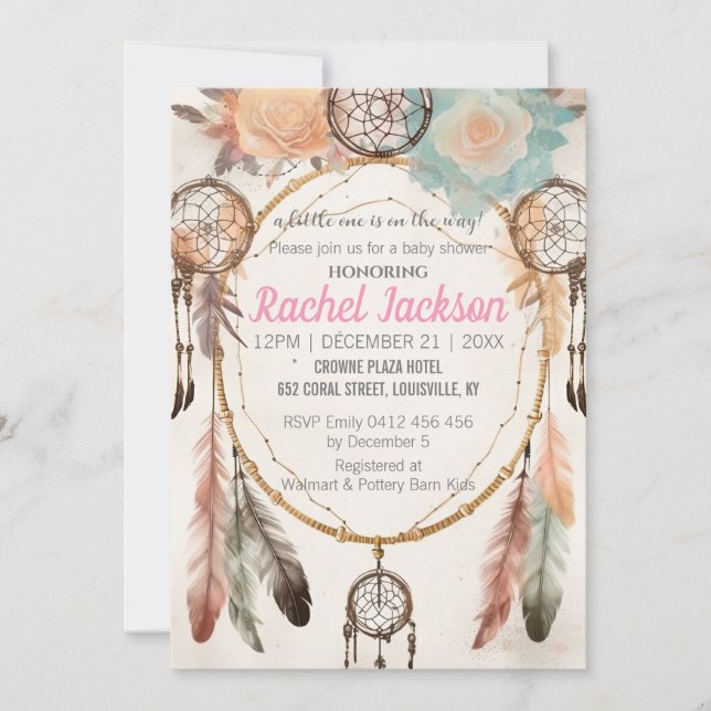 Boho Feather Dreamcatcher Baby Shower Watercolor Inbjudningar (Framsida)