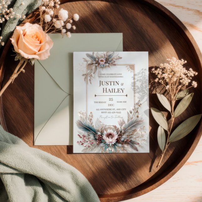 Boho Feather Floral Pink Gold Frame Wedding Inbjudningar (Skapare uppladdad)