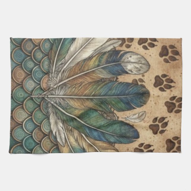 Boho Feather & Paw Prints jordnära djur andlig  Kökshandduk (Horisontell)