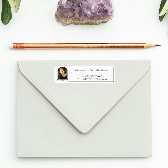 Boho Feather Ram Photo Studenten Adress Returadress Etikett (Boho Feather Frame Photo Graduation Address Label)