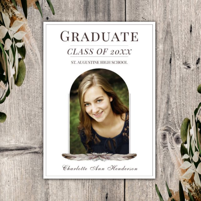 Boho Feather Ram Studenten-meddelande | Vit Inbjudningar (Boho Feather Frame Graduation Announcement)